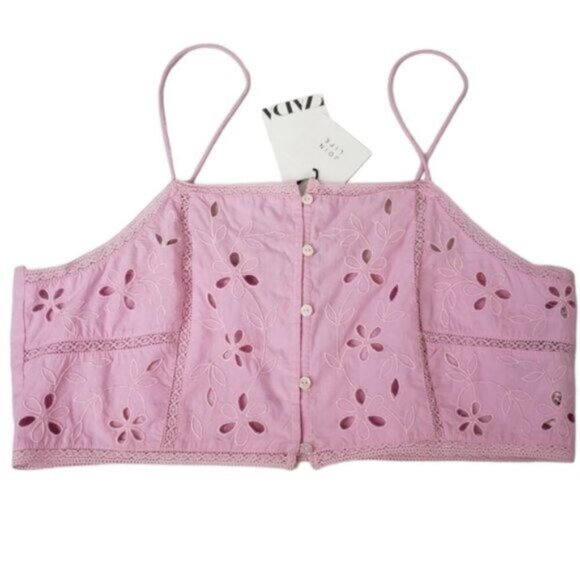 New Zara Pink Eyelet Barbiecore Romantic  Cropped Tank Top Size Large - Picture 1 of 12